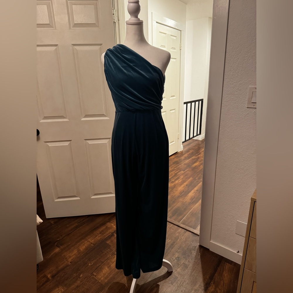 Express- Velvet One Shoulder Ruched Wide Leg Jumpsuit